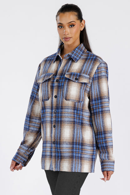 Lime Milo Boyfriend oversized soft flannel shacket in a relaxed fit, featuring a button-up front and plaid pattern.