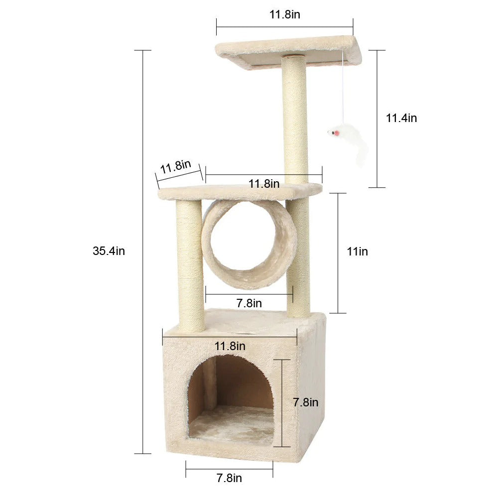 Yellow Pandora Cat Tree House Tower for pets, featuring multiple levels, cozy hideouts, and scratching posts for feline entertainment.