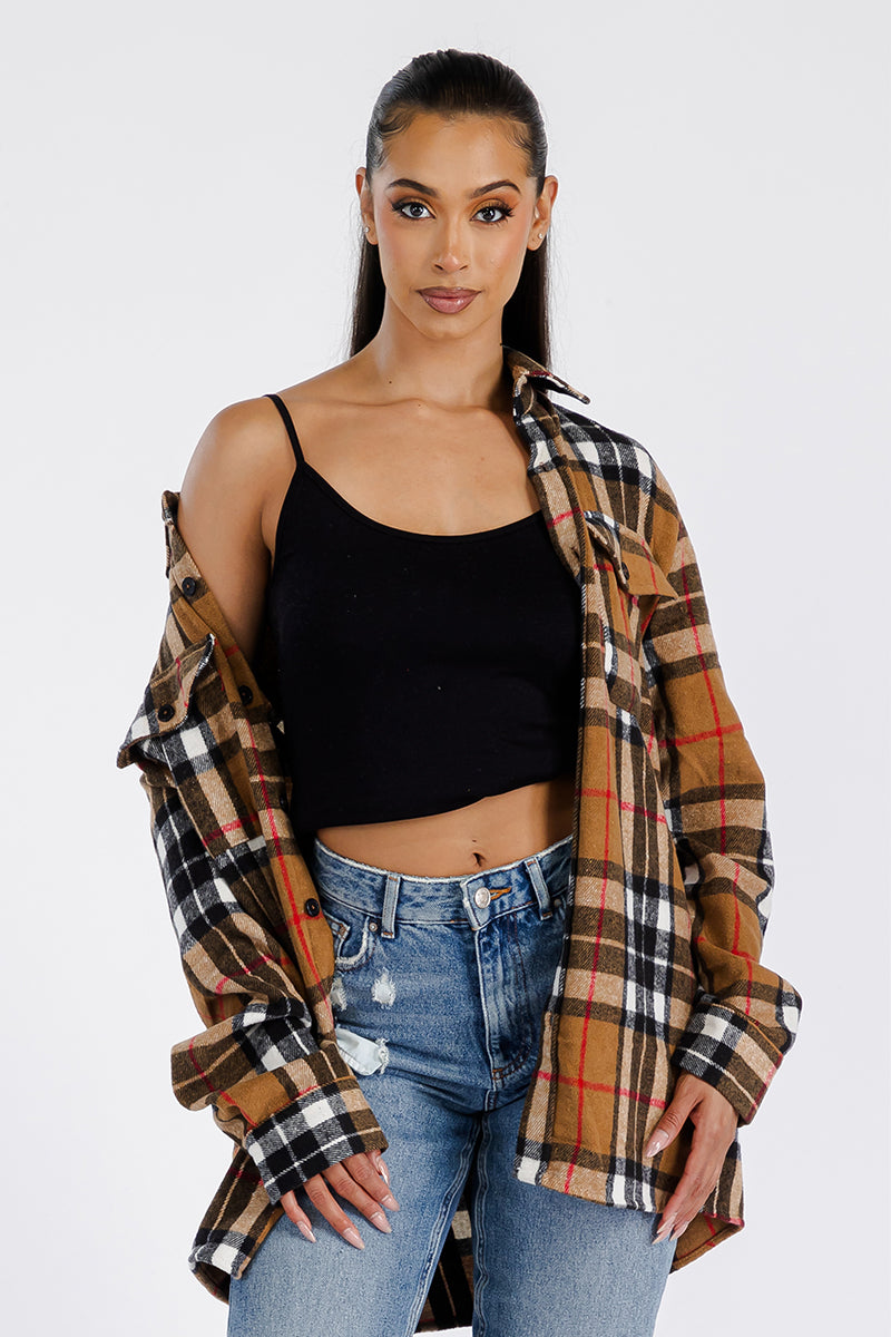 Lime Milo Boyfriend oversized soft flannel shacket in neutral tones, displayed on a hanger showing its relaxed fit and cozy fabric.