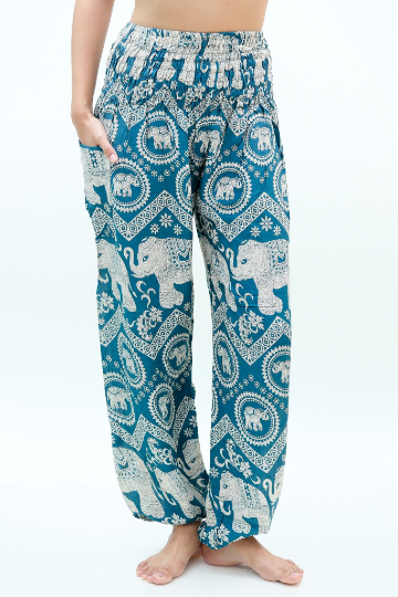 Teal boho elephant print pants for women, Tan Smokey brand, featuring relaxed hippie style yoga and casual wear.