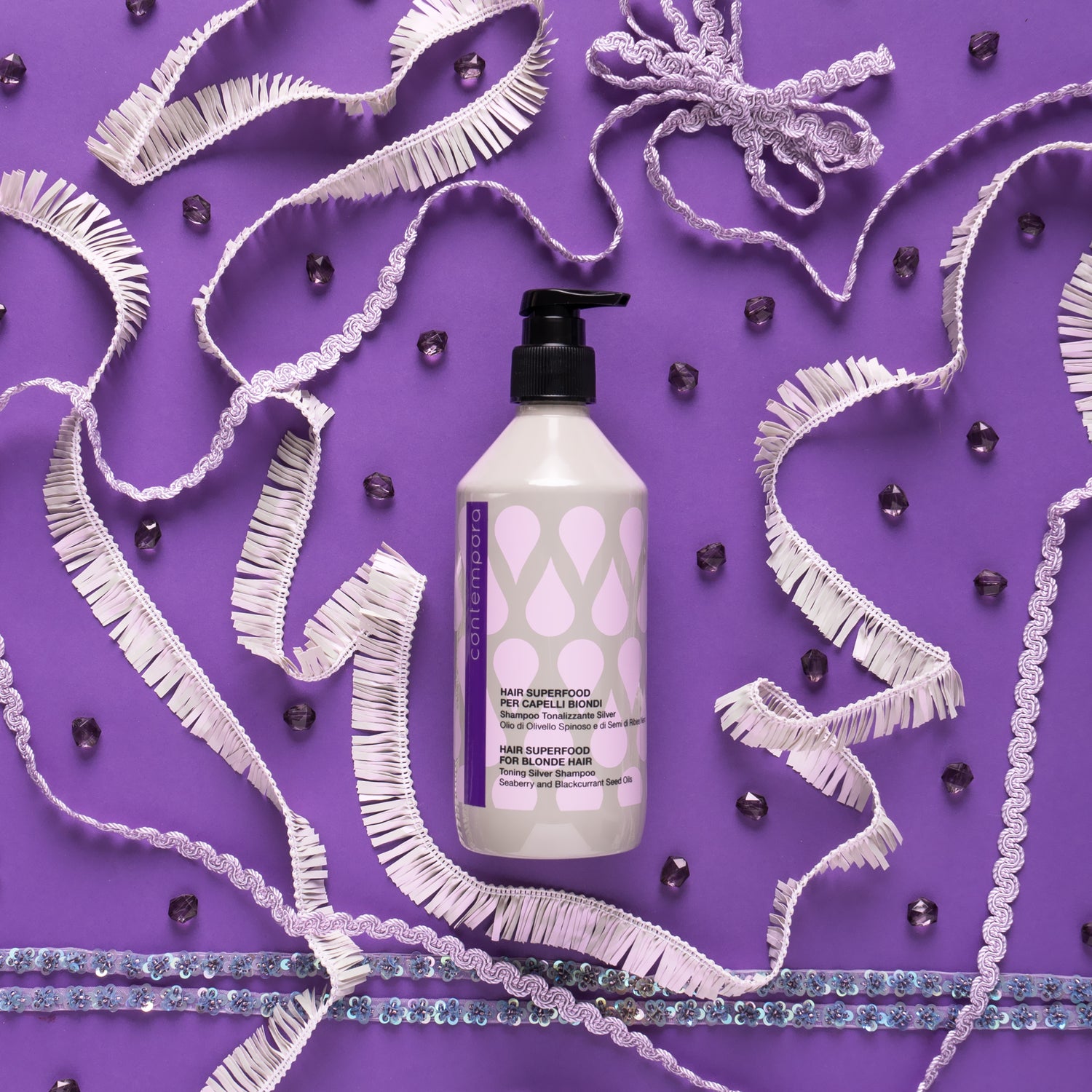 Pink Misty Contempora Hair Superfood Toning Silver Shampoo in 500ml bottle, with silver and purple packaging visible.