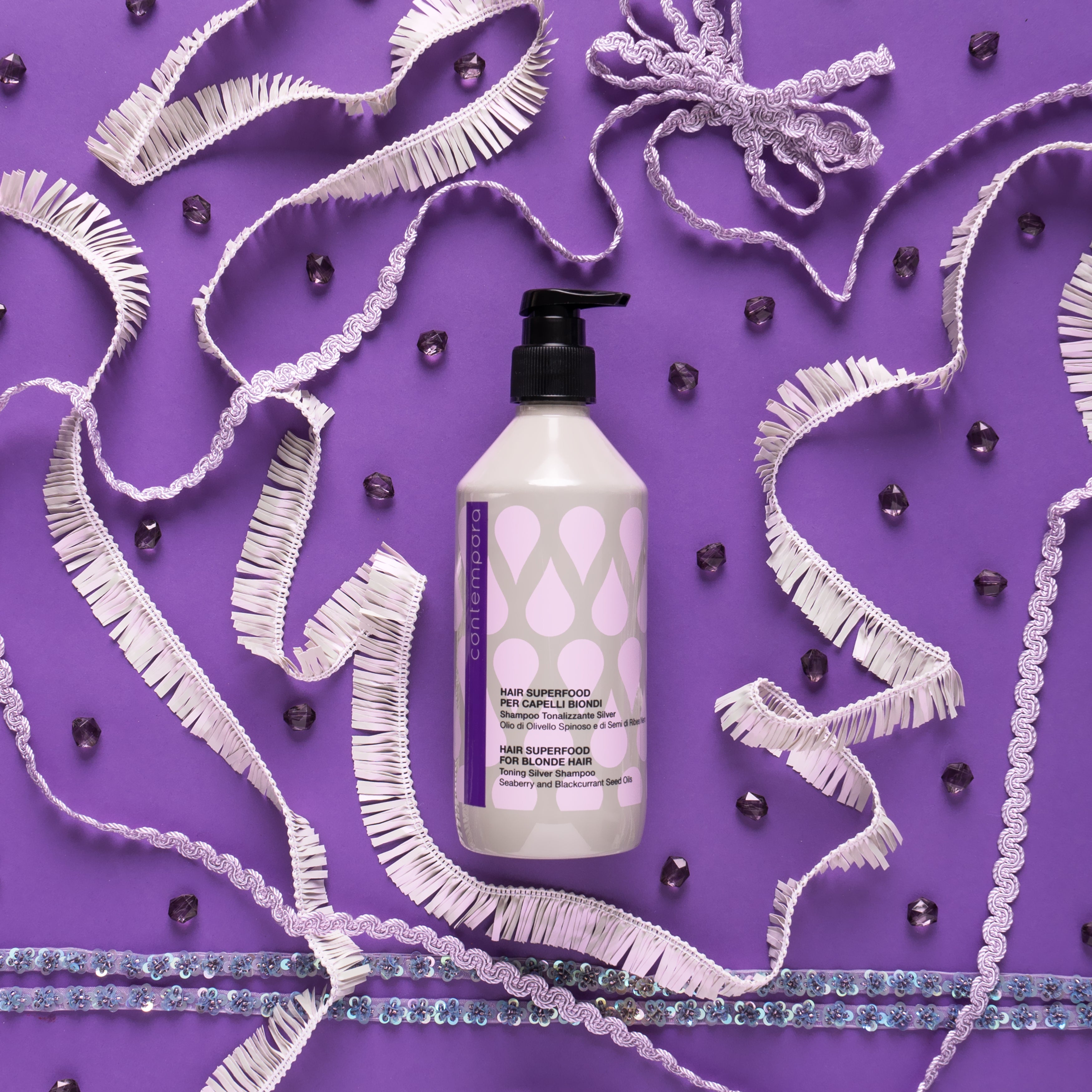 Pink Misty Contempora Hair Superfood Toning Silver Shampoo in 500ml bottle, with silver and purple packaging visible.