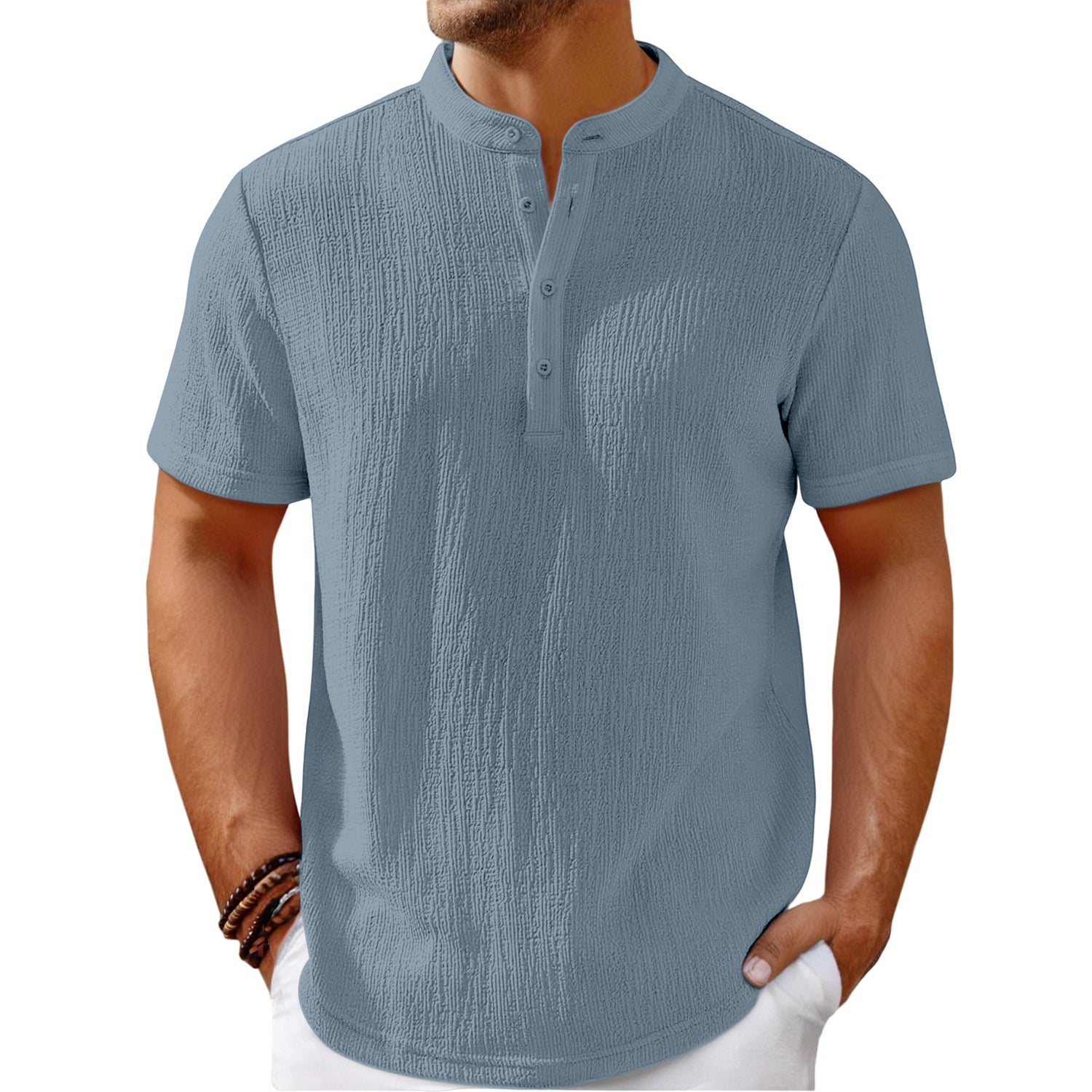 Carmine Juneberry striped cotton-linen Henley T-shirt from Haute Edition 25, featuring a casual fit and classic striped pattern.