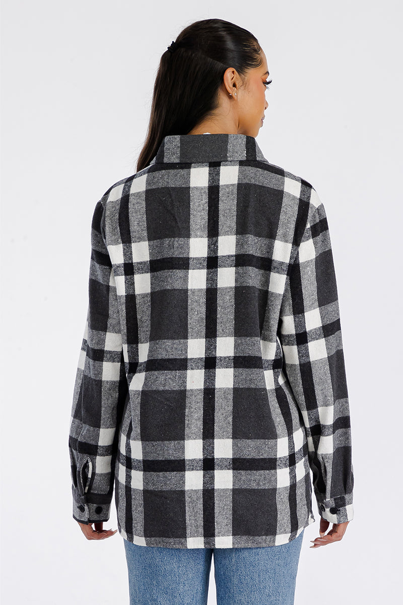 Lime Milo Boyfriend Oversized Soft Flannel Shacket in light plaid pattern, casual jacket with buttons and collar.