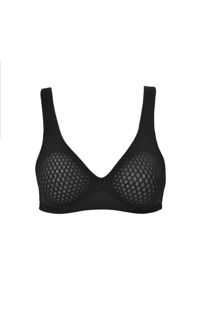 Turquoise Atalanta 3D fitness bra in black with supportive straps, designed for activewear and workout comfort.
