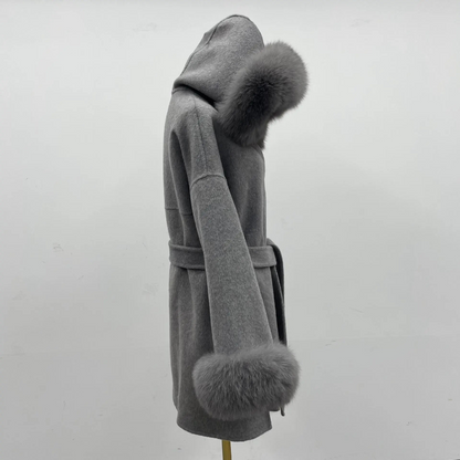 Carmine Juneberry oversized wool coat with hood, double-sided design, plush fur collar, and warm, luxurious jacket for cold weather.