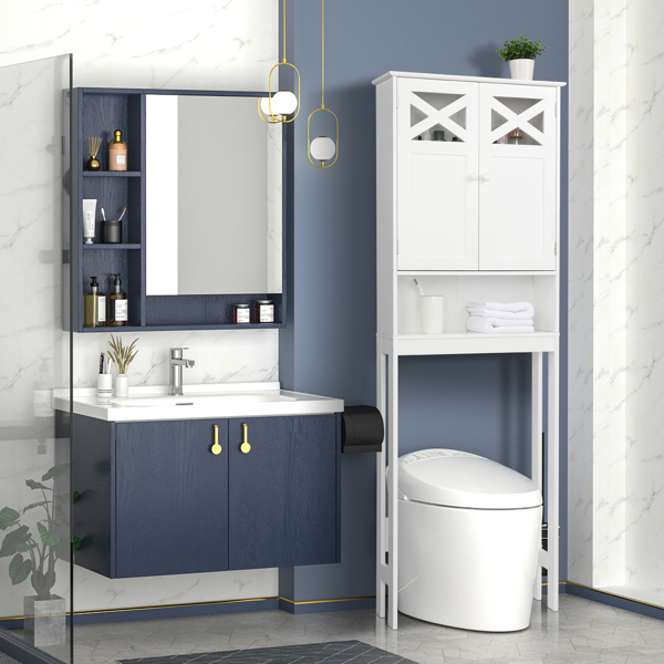 Lilac Milo bathroom double door fork toilet cabinet with storage shelves and sleek white finish, designed for modern bathroom organization.