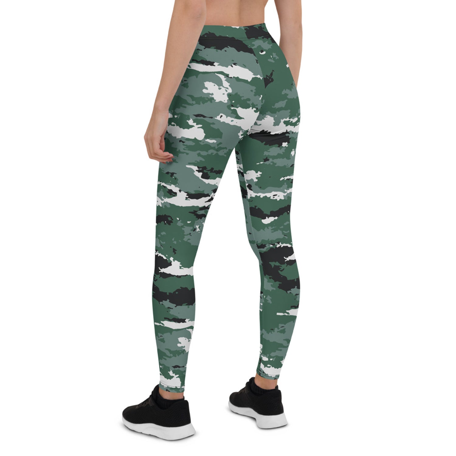 Earth green camo leggings for women by Maroon Sooty, showcasing a fitted activewear style with camouflage pattern.