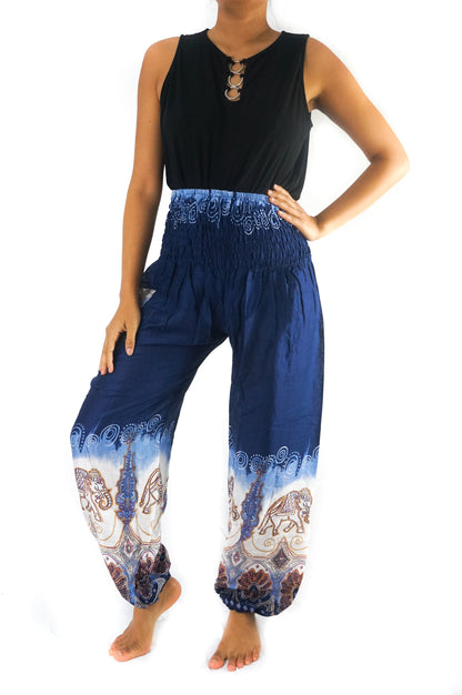 Blue elephant print boho yoga pants for women by Tan Smokey, featuring a relaxed fit and comfortable hippie style.