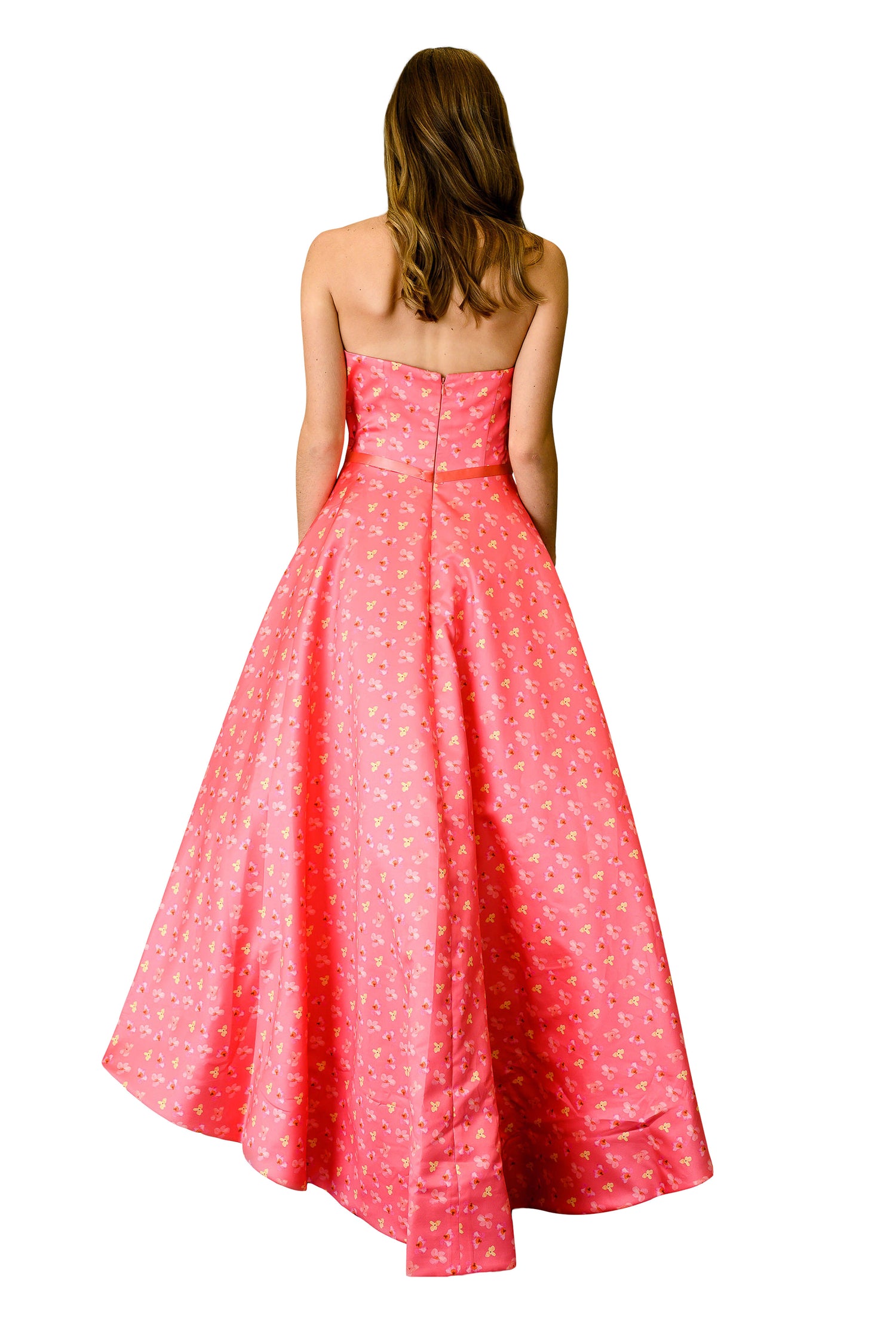 Gray Eos shoulder-less formal train dress with elegant design, featuring a fitted bodice and flowing train for special occasions.