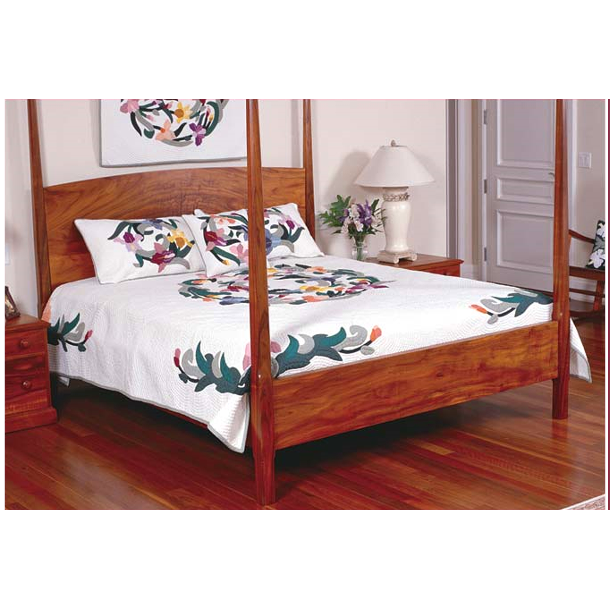Hawaiian quilt bedspread with Cattleya orchid design, featuring vibrant floral patterns, from Chocolate Vanilla home decor collection.