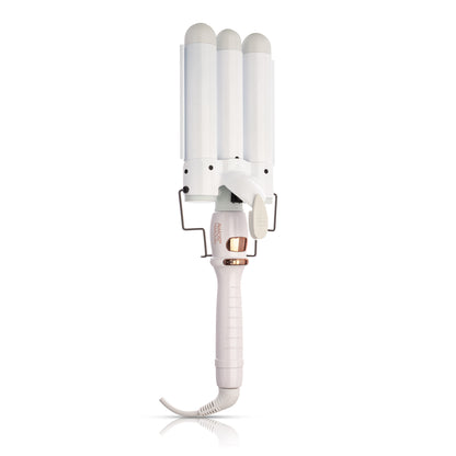 Sky Blue Thrace Wave Away triple barrel curler with tourmaline ceramic barrels for creating smooth, wavy hair styles.