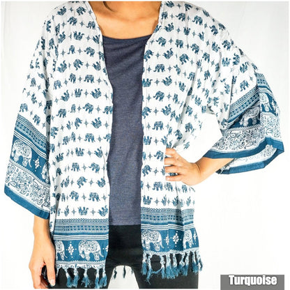 Tan Smokey elephant tribal boho kimono cover-up with intricate patterns, lightweight sweater or hoodie style, perfect for layered boho looks.
