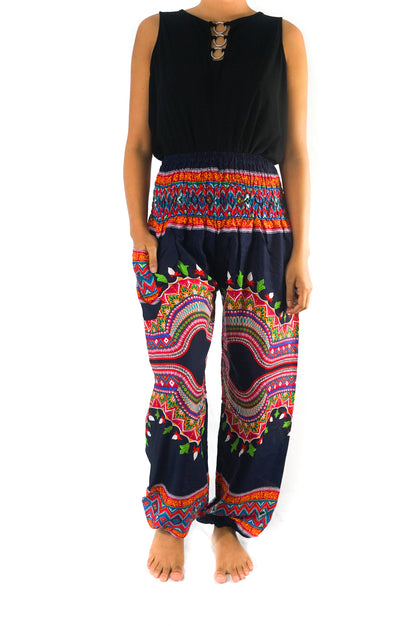 Tan Smokey tribal harem pants with boho style, featuring loose fit, lightweight fabric, and intricate patterns.