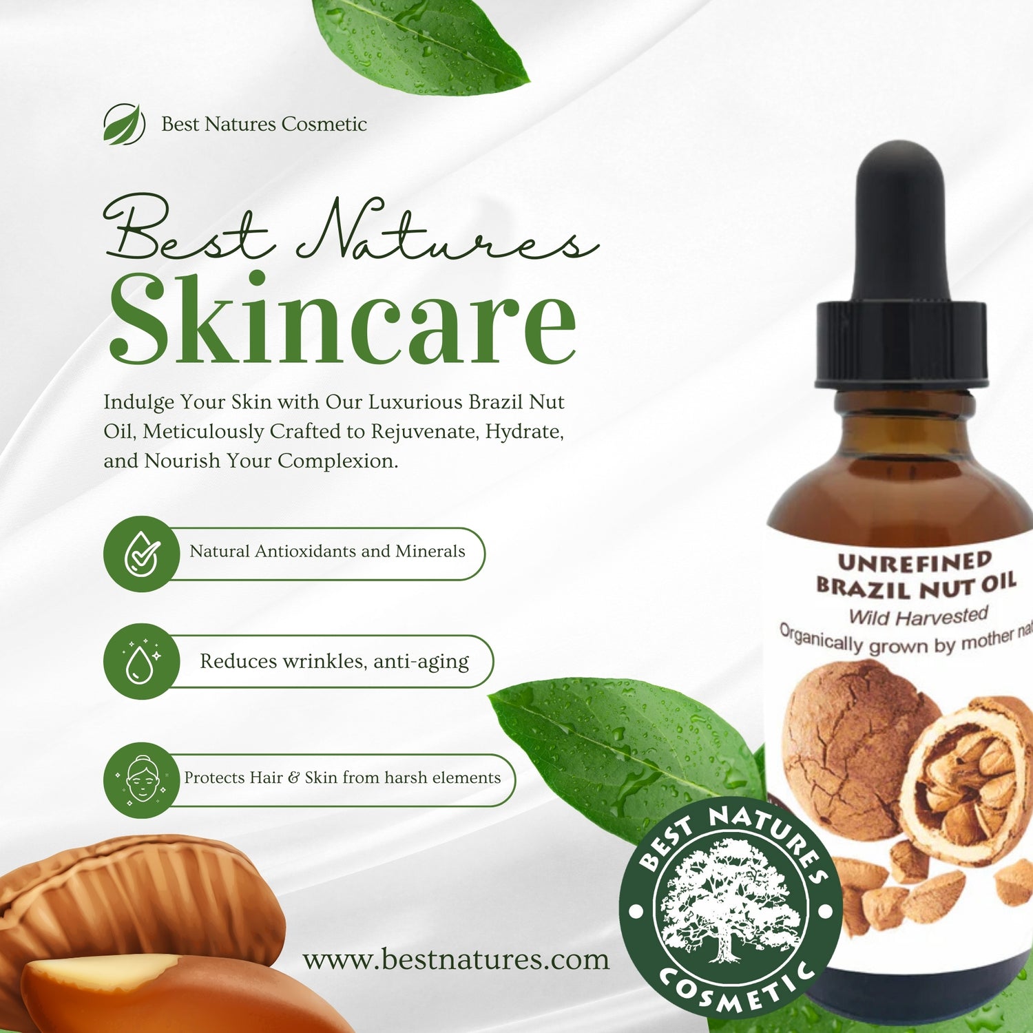 Organic Brazil Nut Oil by Yellow Poppy, cold pressed and unrefined, shown in a small glass bottle with a dropper for skincare use.