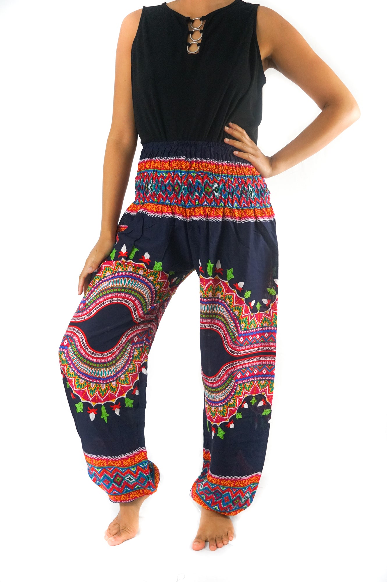 Tan Smokey tribal harem pants featuring boho and hippie style with wide, flowy fabric and intricate tribal patterns.