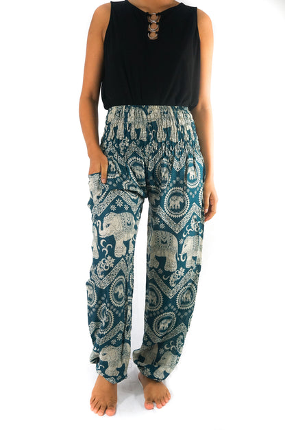 Teal Elephant print boho pants for women, hippie style yoga pants by Tan Smokey, featuring comfortable flowy fabric and unique pattern.