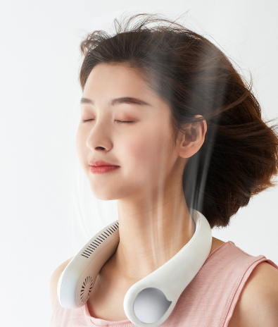 Teal Simba summer portable mini bladeless neck fan, rechargeable bladeless cooling fan worn around the neck, tech accessory.