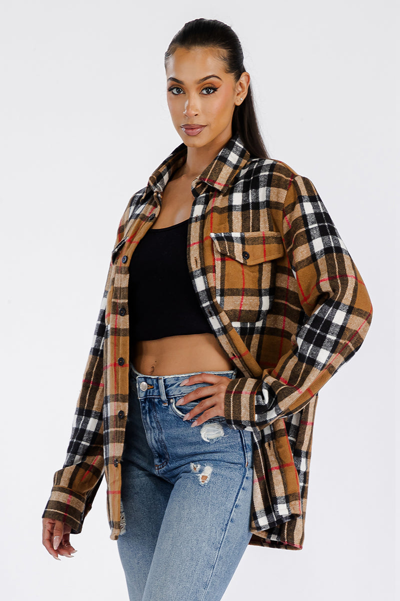 Lime Milo Boyfriend oversized soft flannel shacket in a relaxed fit, featuring a button-up front and plaid pattern.