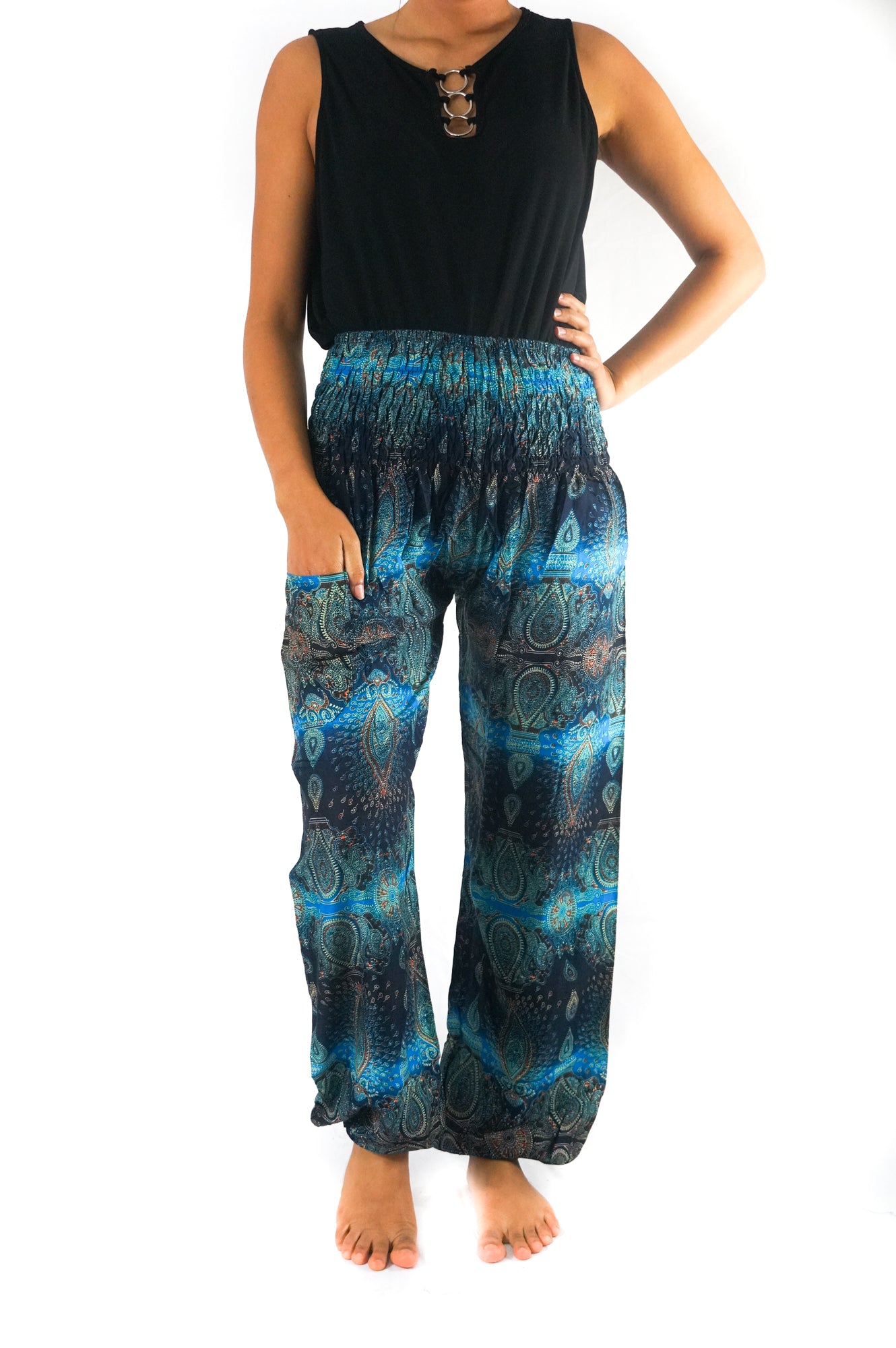 Tan Smokey turquoise paisley harem pants with boho style, featuring loose fit and intricate paisley patterns, perfect for a relaxed look.