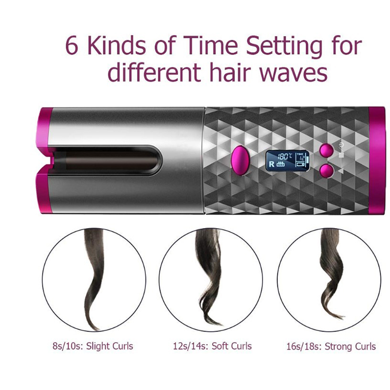 Lilac Milo LCD cordless hair curler with rotating rollers, designed for easy, salon-quality curling at home.