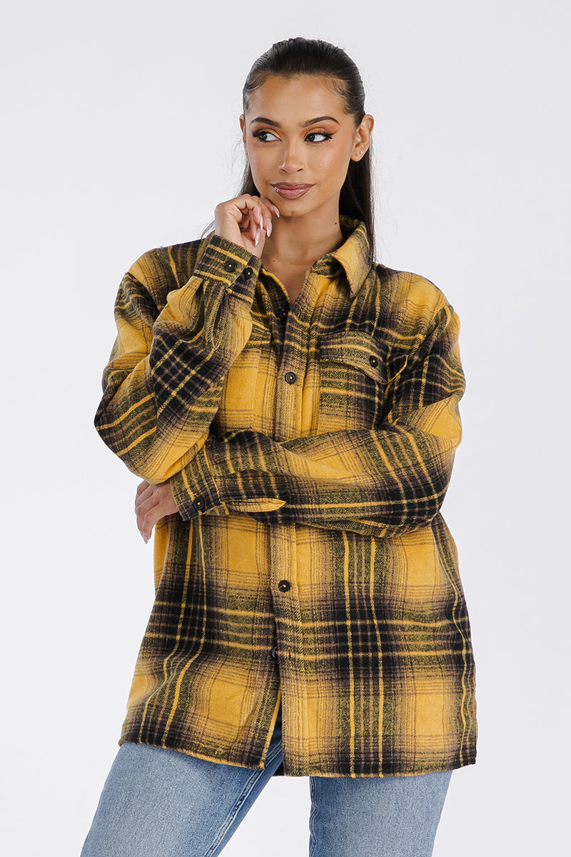 Lime Milo Boyfriend Oversized Soft Flannel Shacket in a cozy plaid design, perfect for casual layered look.