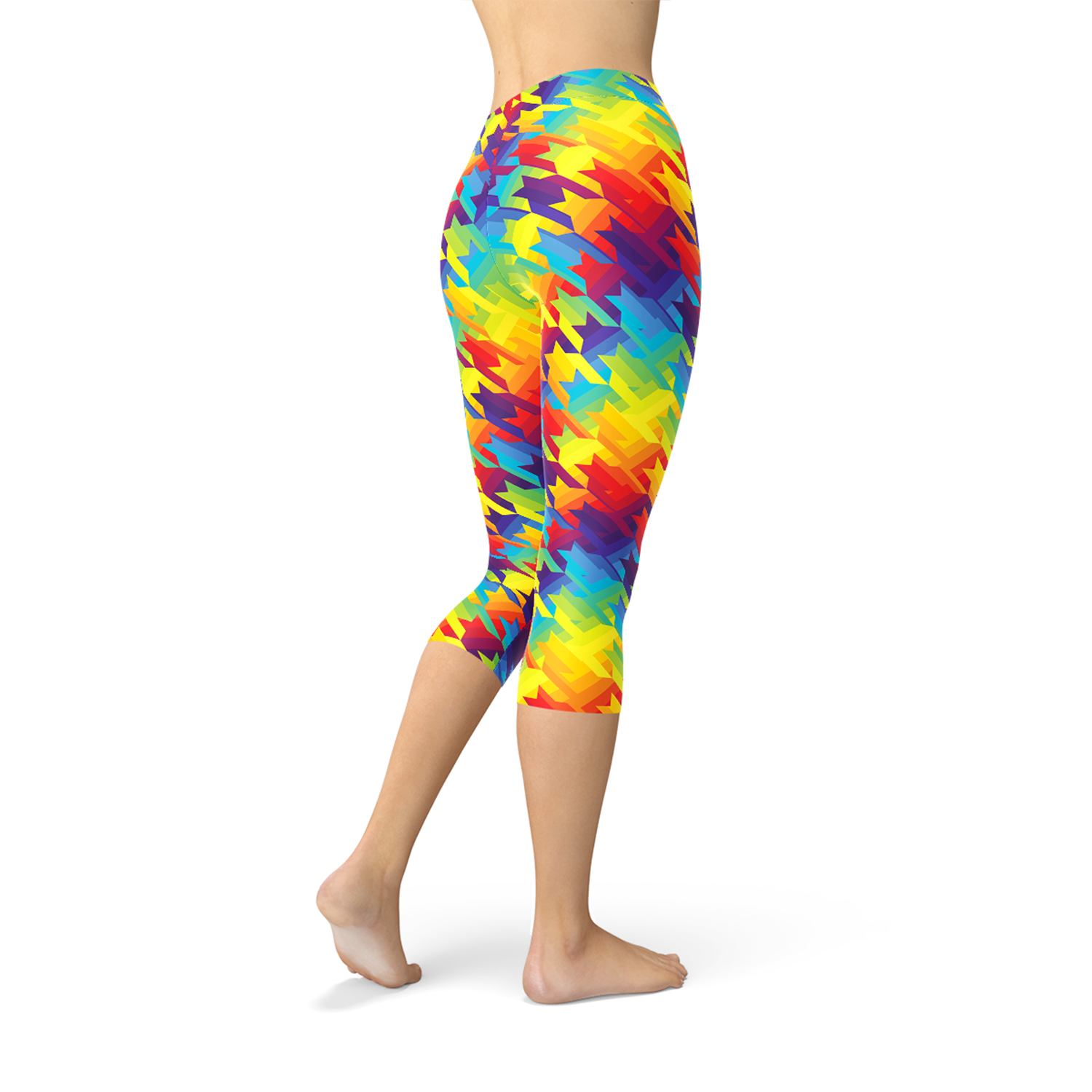 Women’s Rainbow Houndstooth Capri Leggings by Maroon Sooty featuring colorful houndstooth pattern and fitted style.