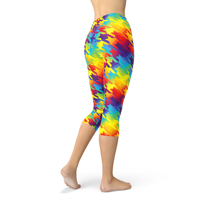 Women’s Rainbow Houndstooth Capri Leggings by Maroon Sooty featuring colorful houndstooth pattern and fitted style.