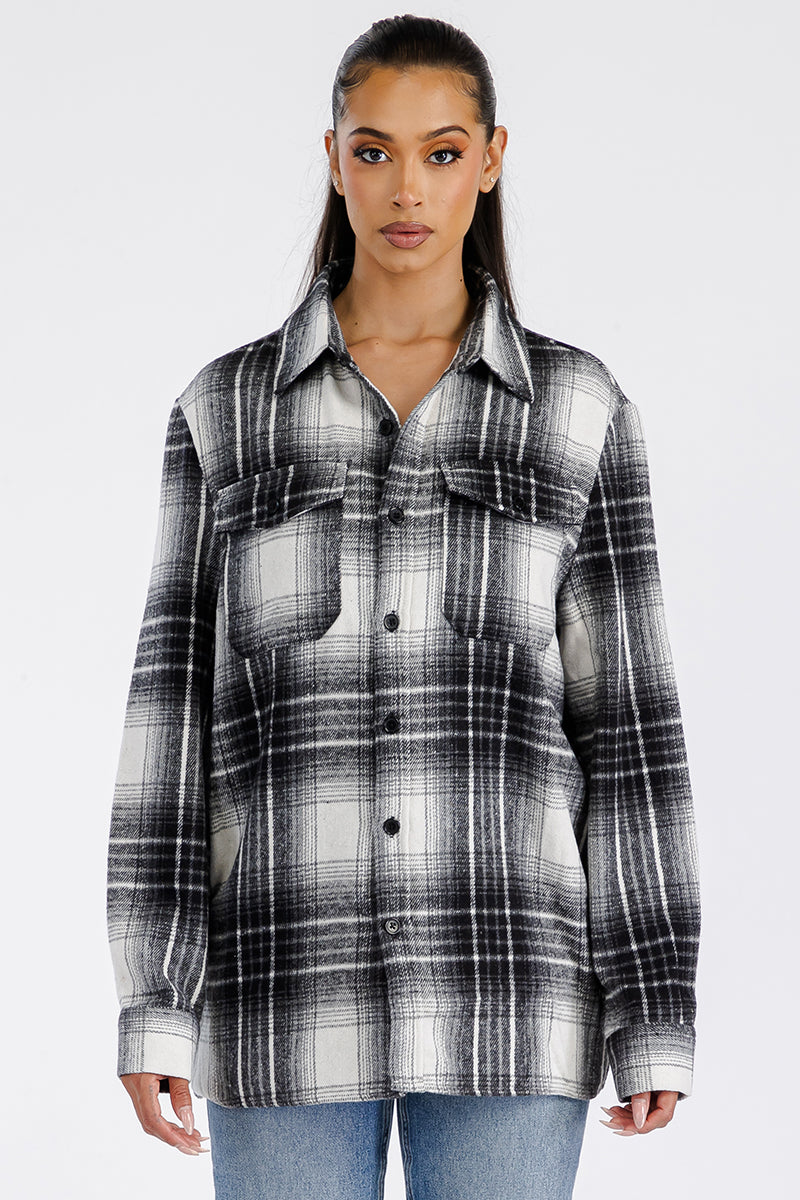 Lime Milo Boyfriend oversized soft flannel shacket in gray with button closure and chest pockets, casual jacket for men.
