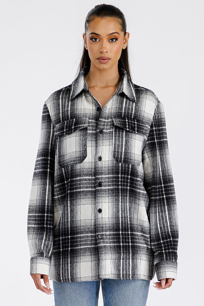 Lime Milo Boyfriend oversized soft flannel shacket in gray with button closure and chest pockets, casual jacket for men.