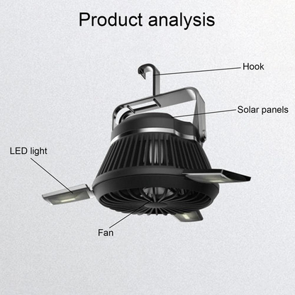 Lilac Milo foldable fan and portable LED solar camping lantern with hook, designed for outdoor camping and activities