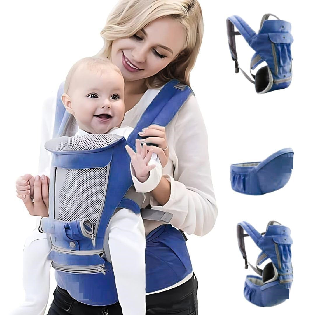 Gray Themis baby carrier bag in blue and grey with five carry positions, designed for newborns and infants.