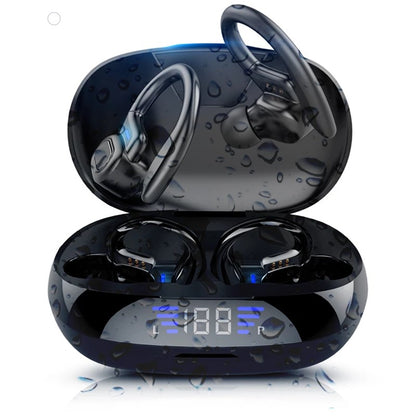 Teal Simba LED display TWS Bluetooth V5.0 sport headset for iPhone and Huawei, with sleek design and earbud fit.