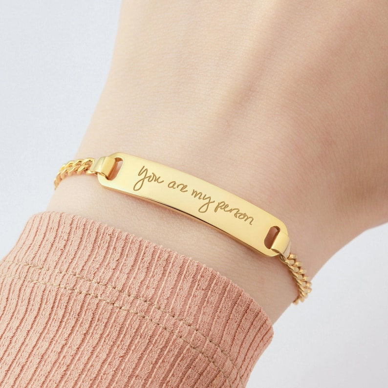 Green Millie handwriting signature bracelet for women, elegant bracelet with personalized script design.