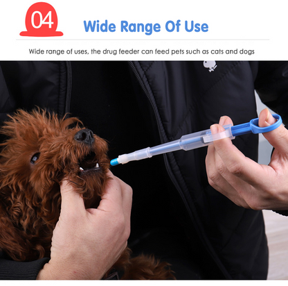 Lilac Milo pet medicine syringe and pill gun dispenser for animals, showing a clear plastic device with a plunger and medication holder.