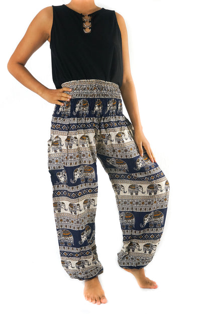 Dark blue ELEPHANT women harem pants by Tan Smokey featuring boho and hippie style with loose, flowy fabric.