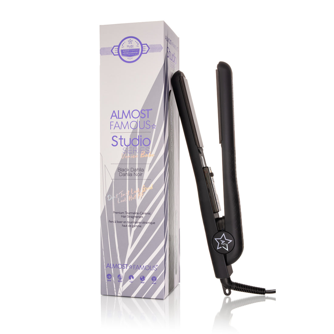 Sky Blue Thrace Almost Famous Venice Babe flat iron with 1.25-inch luxe gem-infused plates for smooth, shiny hair styling.