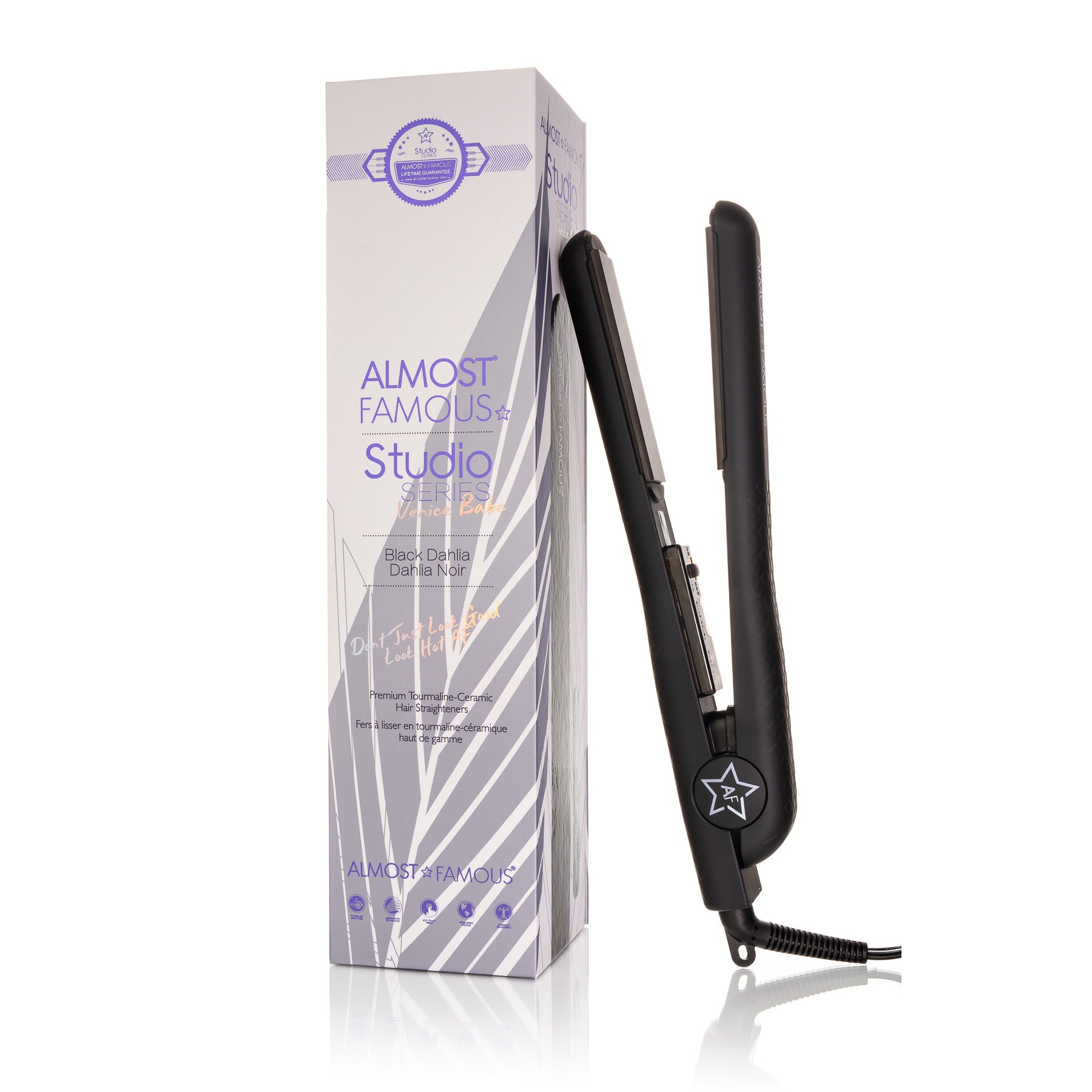 Sky Blue Thrace Almost Famous Venice Babe flat iron with 1.25-inch luxe gem-infused plates for smooth, shiny hair styling.