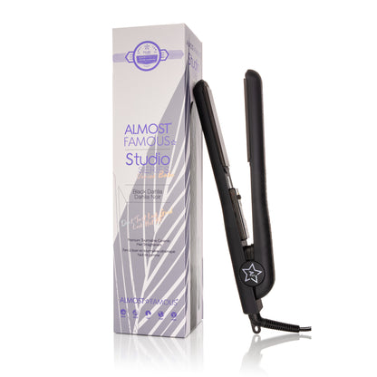 Sky Blue Thrace Almost Famous Venice Babe flat iron with 1.25-inch luxe gem-infused plates for smooth, shiny hair styling.