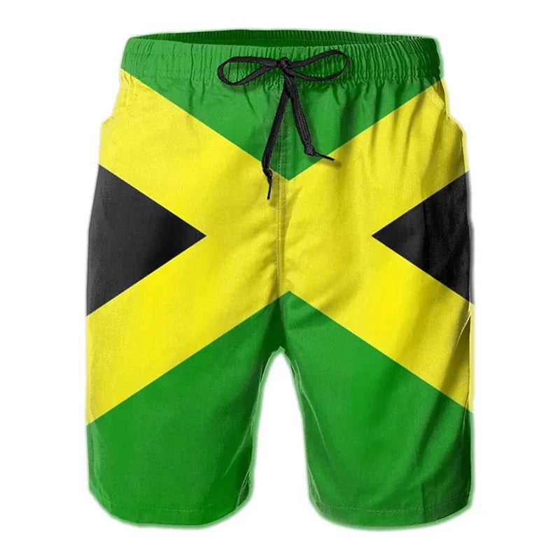 Raspberry Eurybia Jamaica men beach shorts with colorful tropical print and comfortable fit, suitable for summer beachwear.