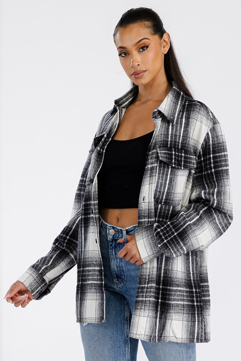 Lime Milo Boyfriend Oversized Soft Flannel Shacket in a cozy plaid design, perfect for casual layering.