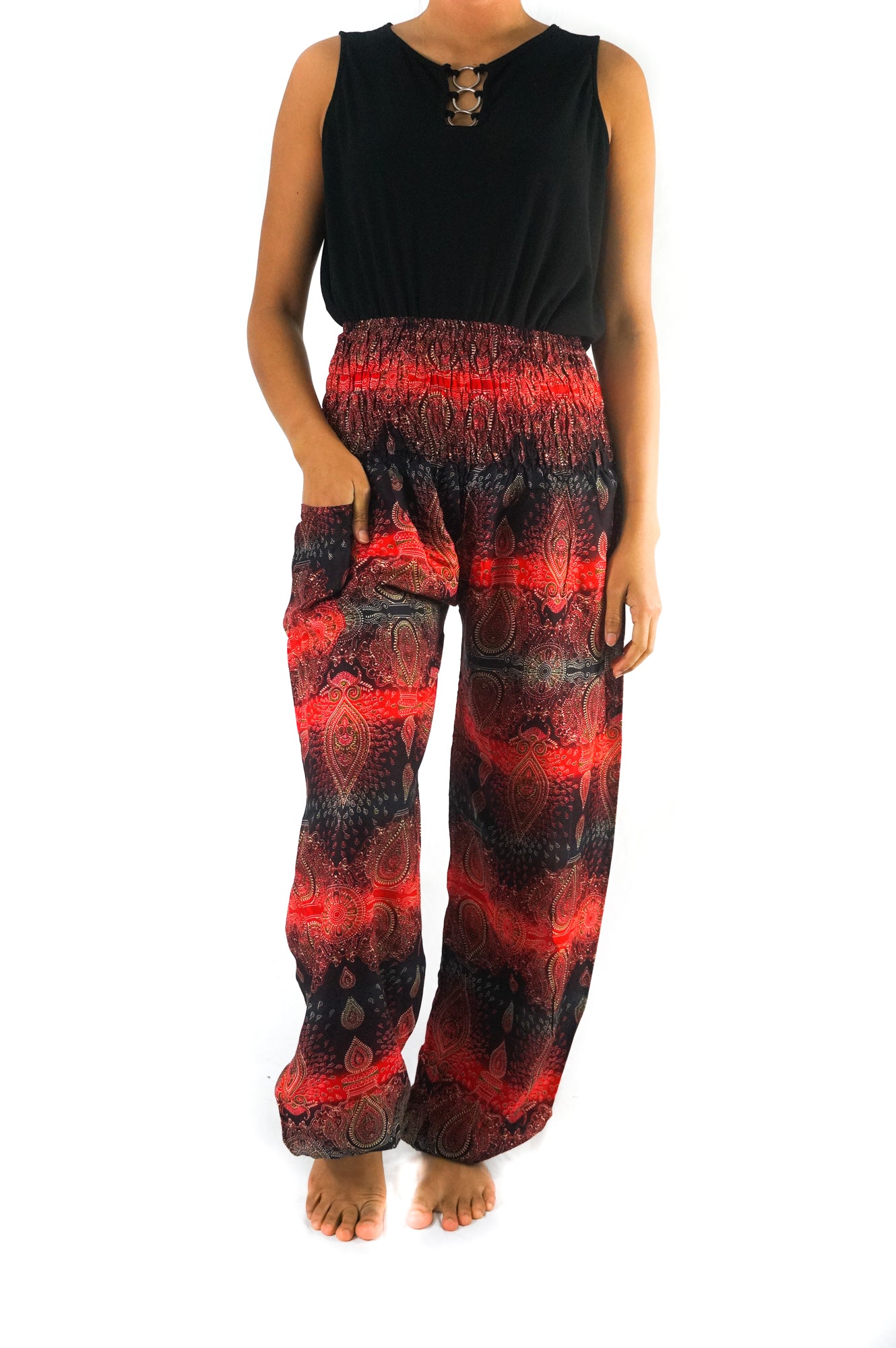 Tan Smokey striped harem pants with paisley boho design, featuring a relaxed fit and vibrant pattern.