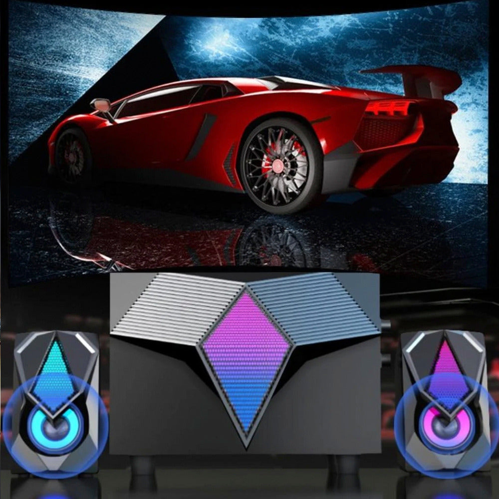 Yellow Pandora Dragon RGB gaming speakers with colorful LED lighting and sleek audio design for gaming and entertainment setups.