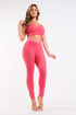 Fuchsia mesh contrast sports matching set with strappy sleeveless top and leggings by Puce Juniper, suitable for casual or active wear.