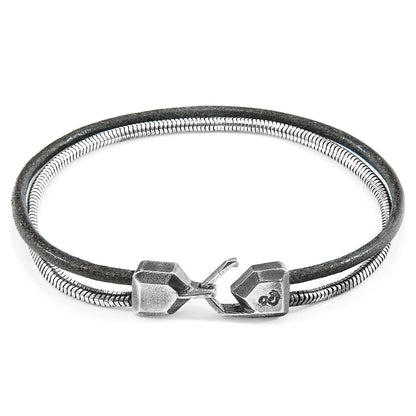 Shadow grey Gallant Mast silver bracelet with round leather accents, stylish jewelry by Magenta Sooty.