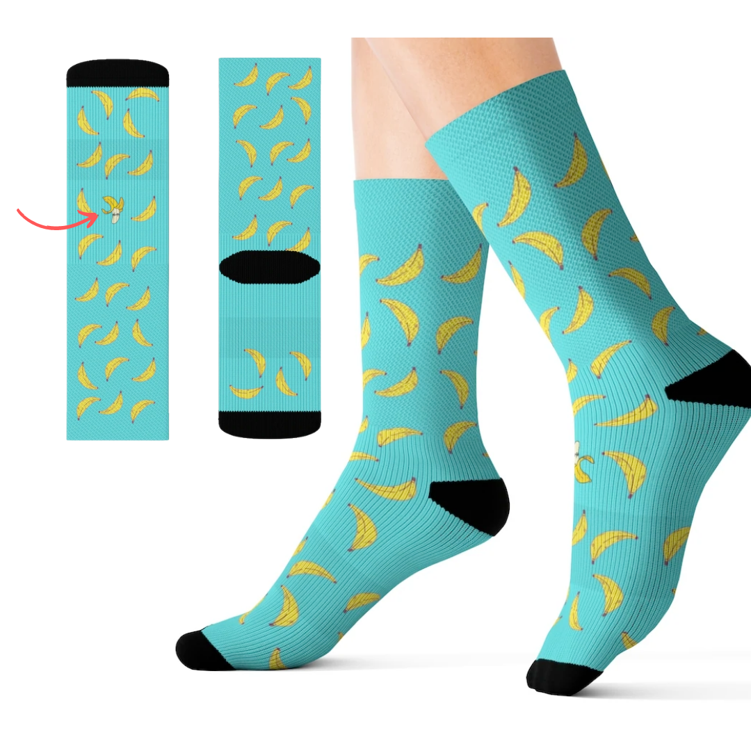 Yellow Pandora Banana Socks with playful spot the odd out design, fun novelty socks for a quirky fashion statement.