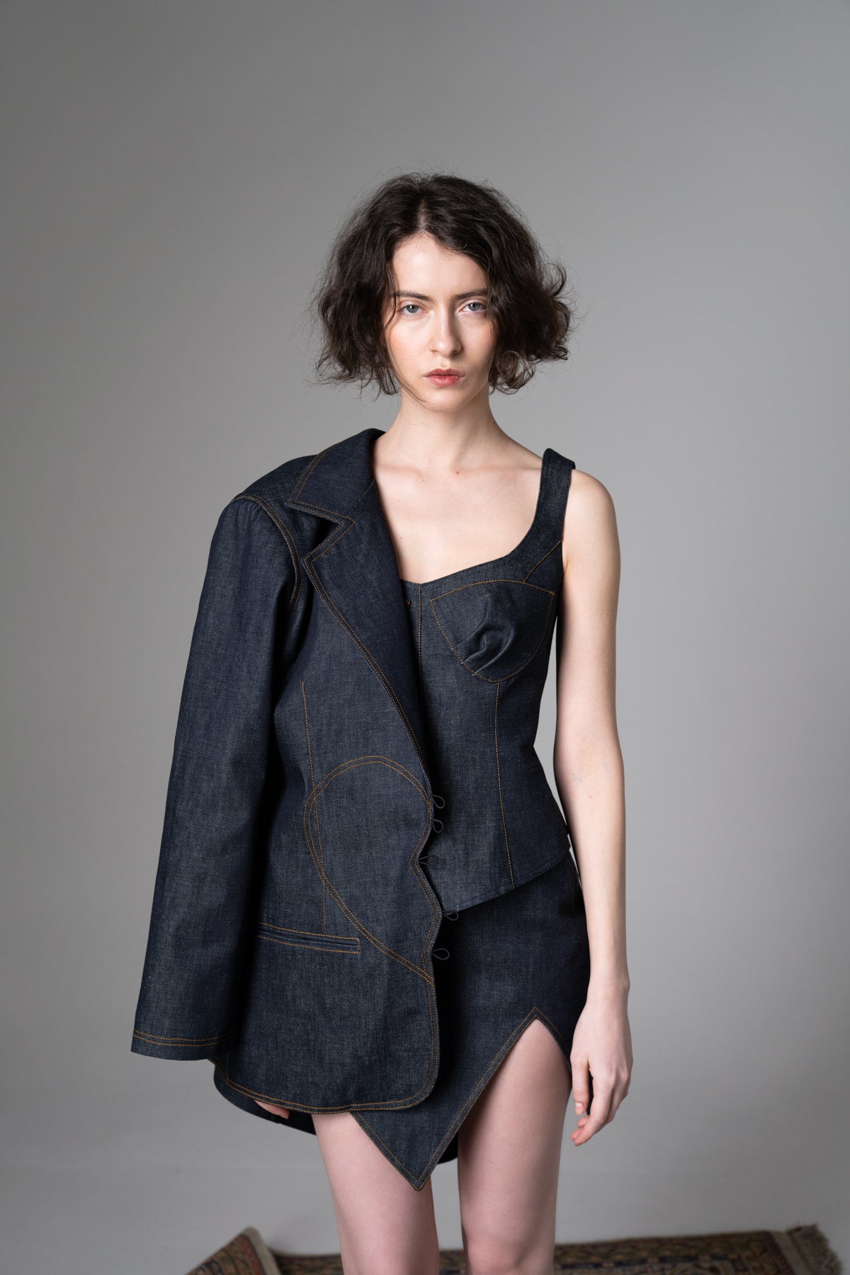 Brown Pontus broken heart denim blazer, stylish jacket with distressed heart design, featuring classic denim fabric and tailored fit.