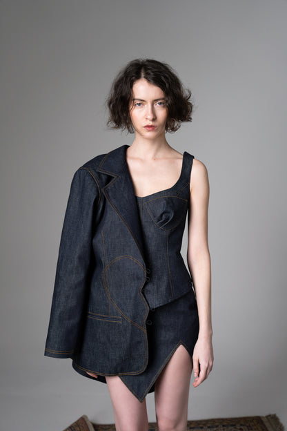 Brown Pontus broken heart denim blazer, stylish jacket with distressed heart design, featuring classic denim fabric and tailored fit.