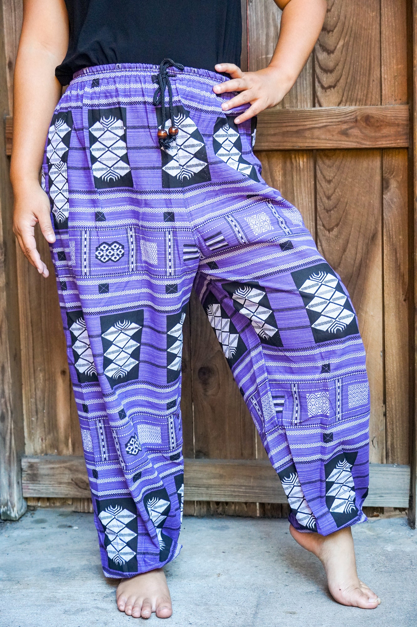Tan Smokey cotton boho pants with tribal and hippie-inspired patterns, featuring a relaxed fit and comfortable waistband.