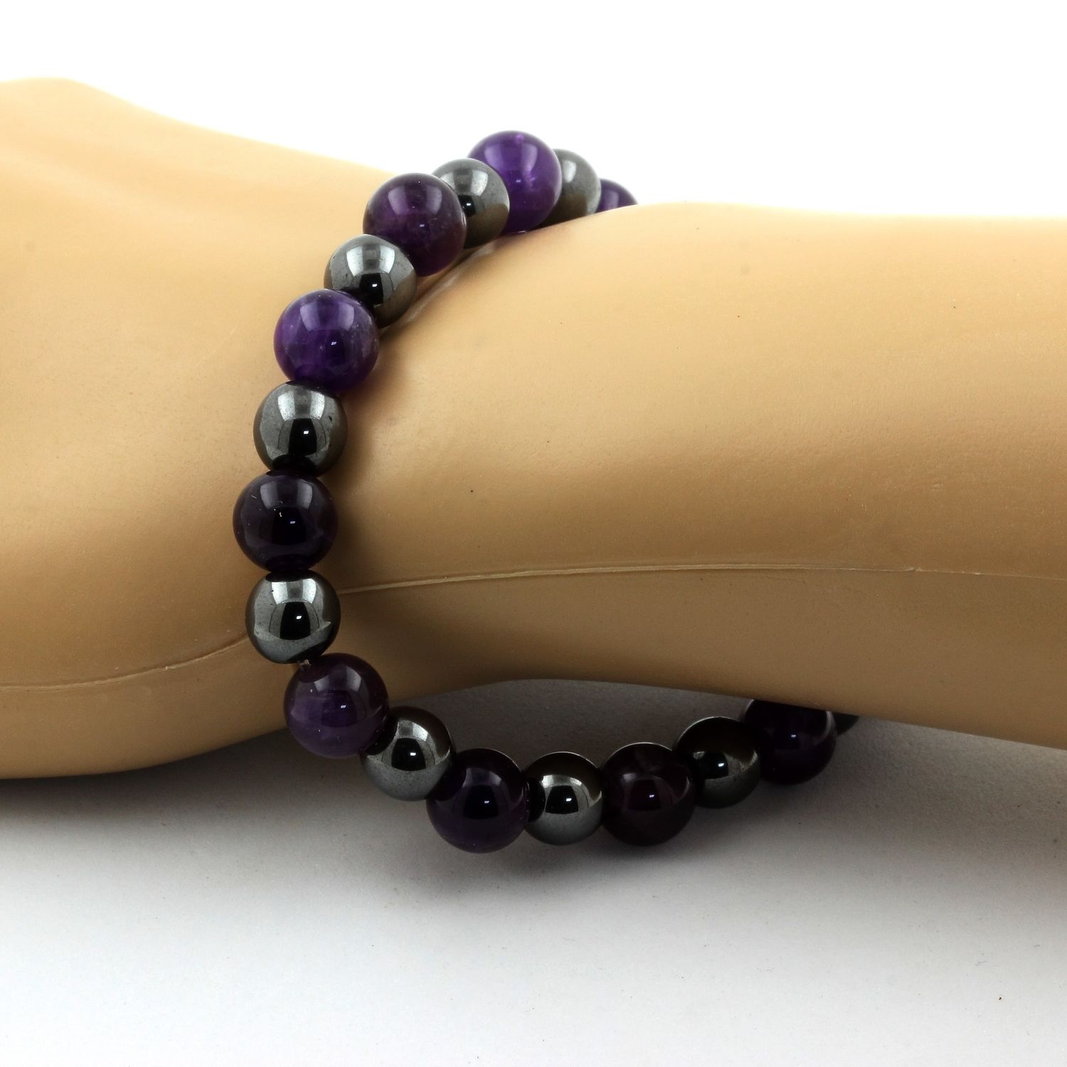 Tan Coconut amethyst and hematite beaded bracelet with 8mm round stones, stylish and energetic jewelry accessory.